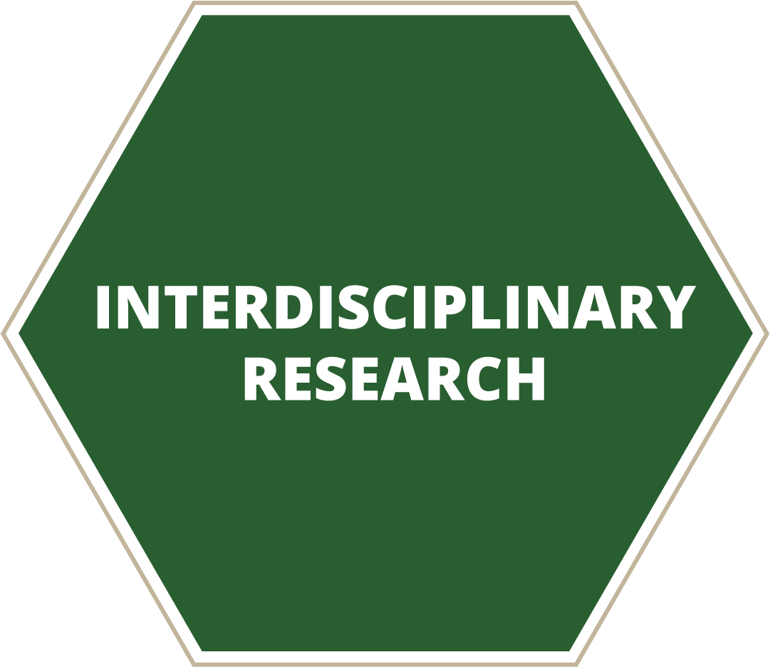 Green hexagon with text Interdisciplinary Research